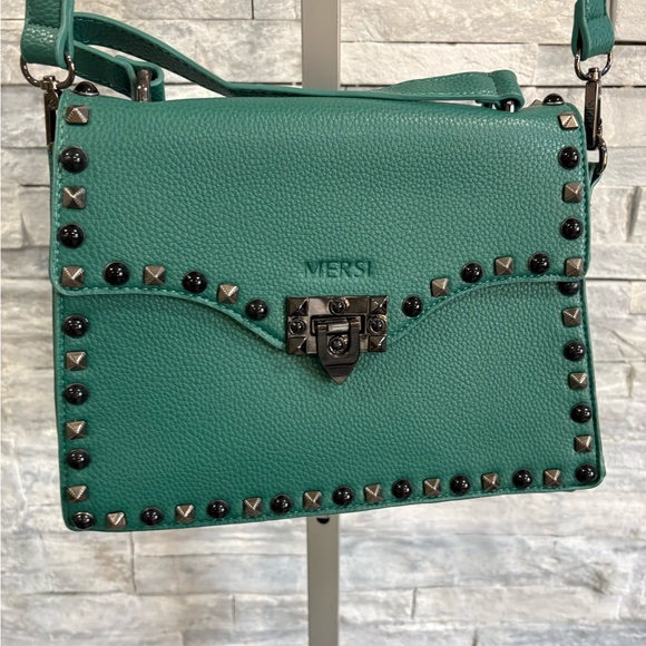 Mersi Handbags - MERSI Teal Pebbled Leather Studded Crossbody Bag